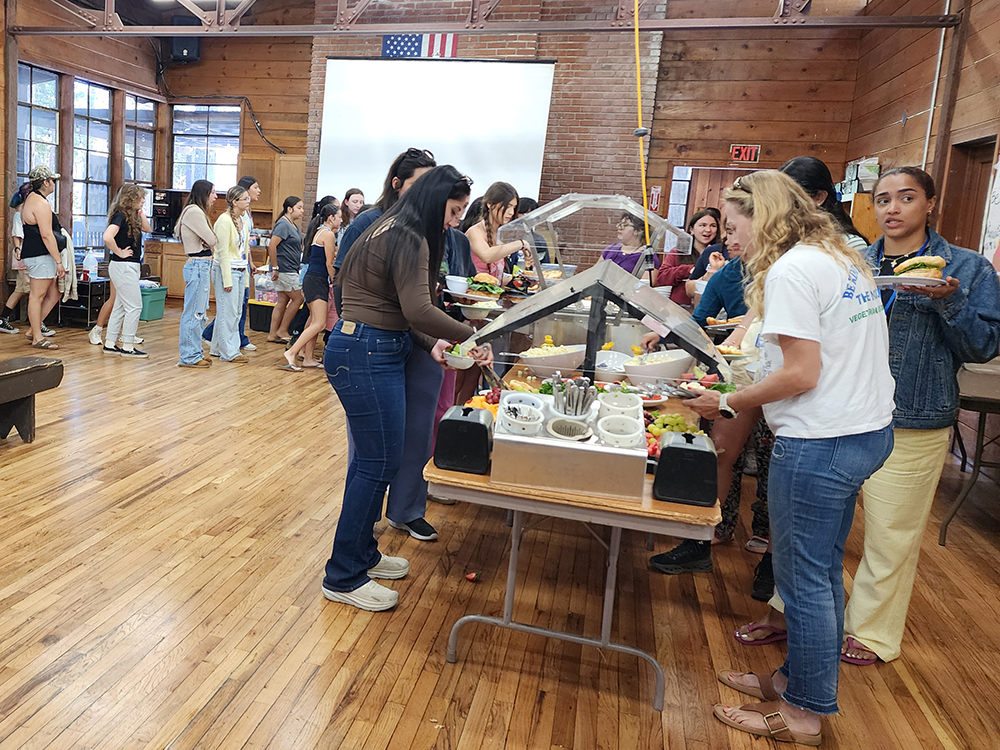 Camp Royal girl campers bellying up to the buffet for lunch.